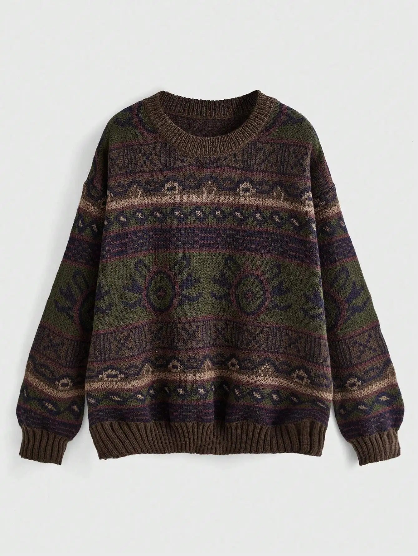 Boho Geo Pattern Drop Shoulder Knit Sweater for Women, Long Sleeve Fall Winter Top