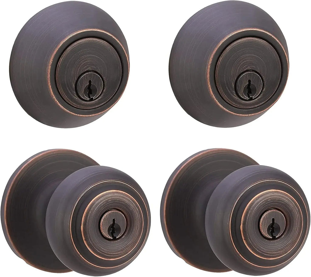 Exterior Door Knob Set with Key Lock and Deadbolt, Oil Rubbed Bronze Finish, Adjustable for Standard Doors