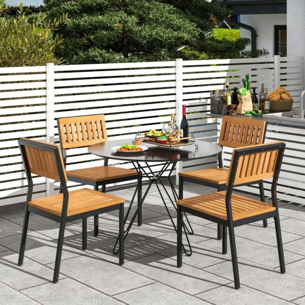 Set of 2 Outdoor Chairs Metal Patio Dining Armchair Furniture Acacia Wood Seat