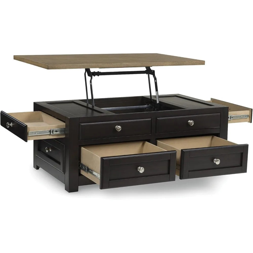 Casual Lift-Top Coffee Table with 4 Drawers and Casters, Dark & Light Brown Wood Finish