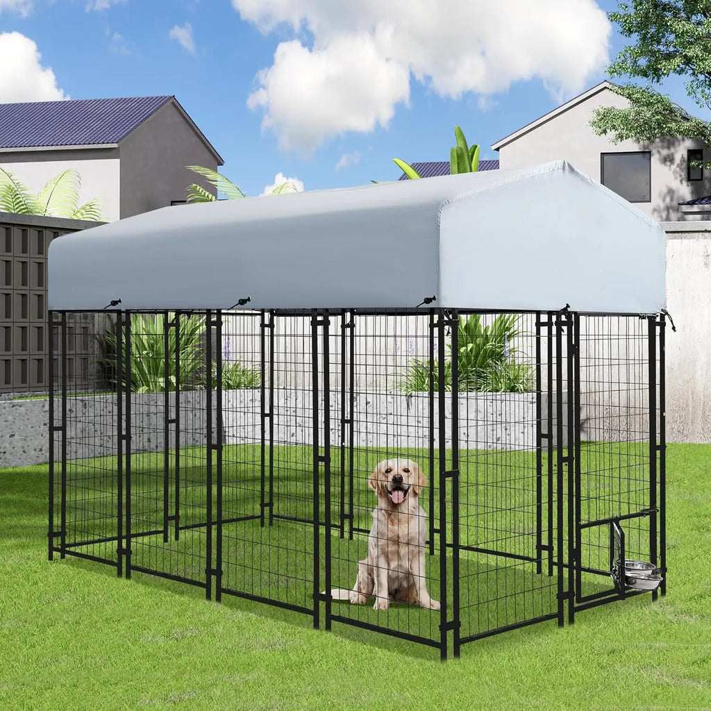 8x4x6 FT Outside Large Dog Kennel with roof - Outdoor Heavy Duty Welded Wire Steel Dog Playpen with Rotating Bowls, Dog Run