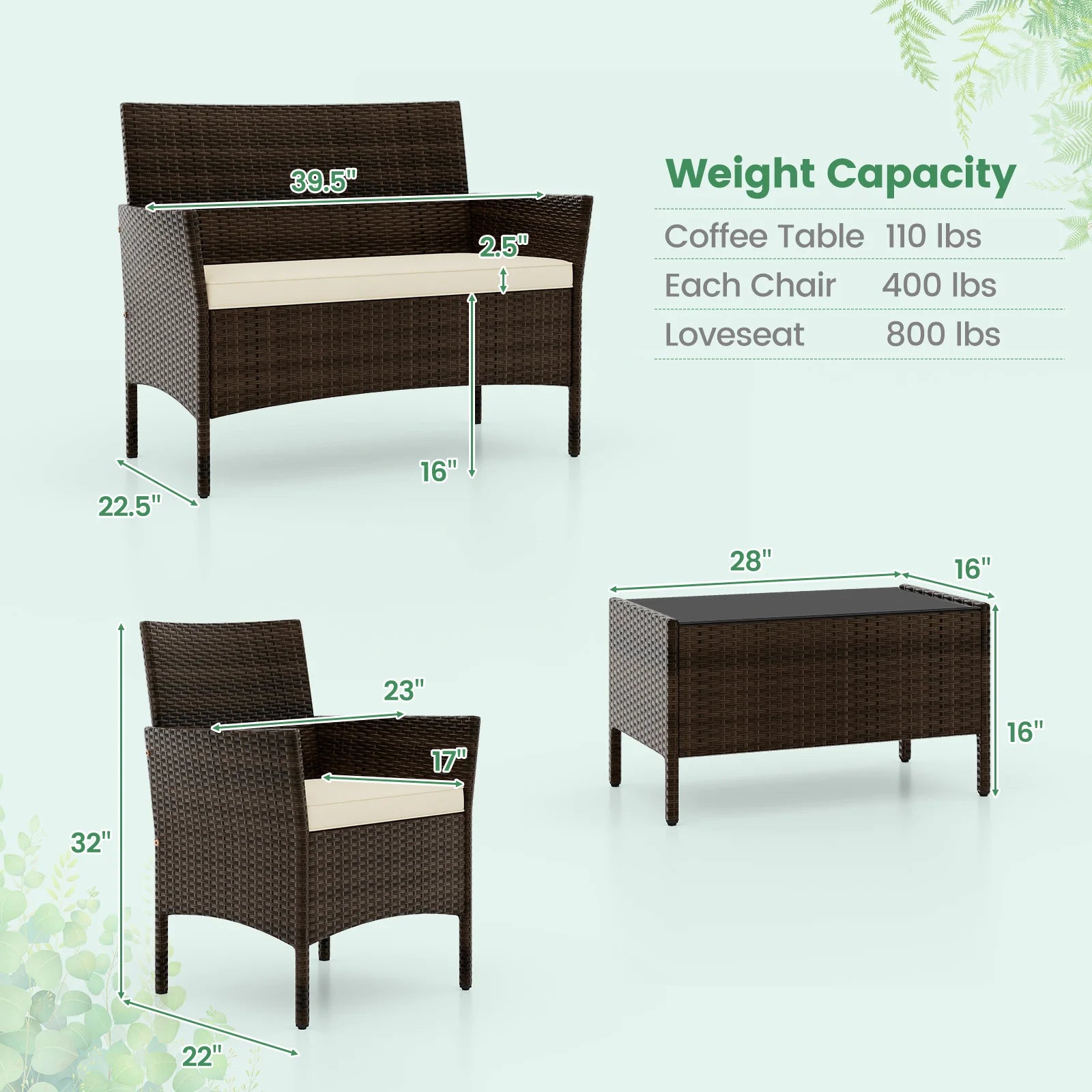 4 PCS Patio Furniture Set with Washable Cushions and Tempered Glass Coffee Table Beige