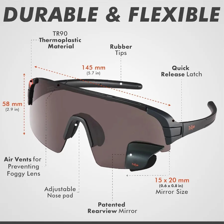 TriEye Cycling Glasses with Rear-view Mirror - Sports Sunglasses for Men Women - UV-400 Protection - Ideal for Outdoor Cycling