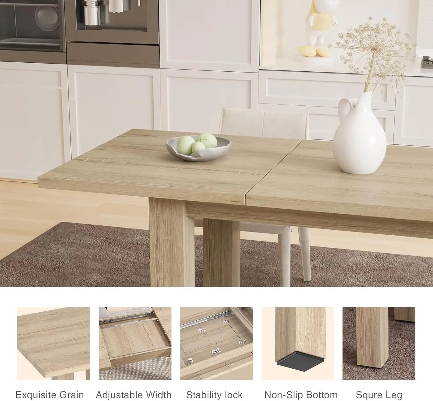 Extendable Oak Dining Table 55''-78'', for 6-10 People, Rustic, Small Kitchen & Office Use