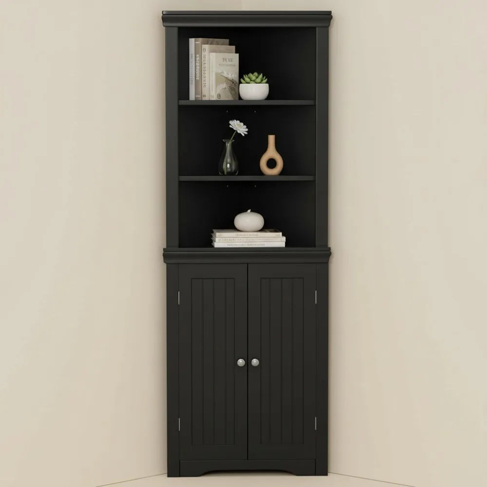 Corner Storage Cabinet with Doors, Adjustable Shelves for Living Room, Bathroom, Kitchen - Dark Black