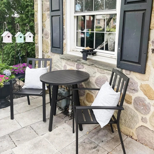 3 Piece Outdoor Patio Bistro Dining Set, Slatted Metal Round Table & 2 Patio Chairs, Outdoor Furniture Set for Porch