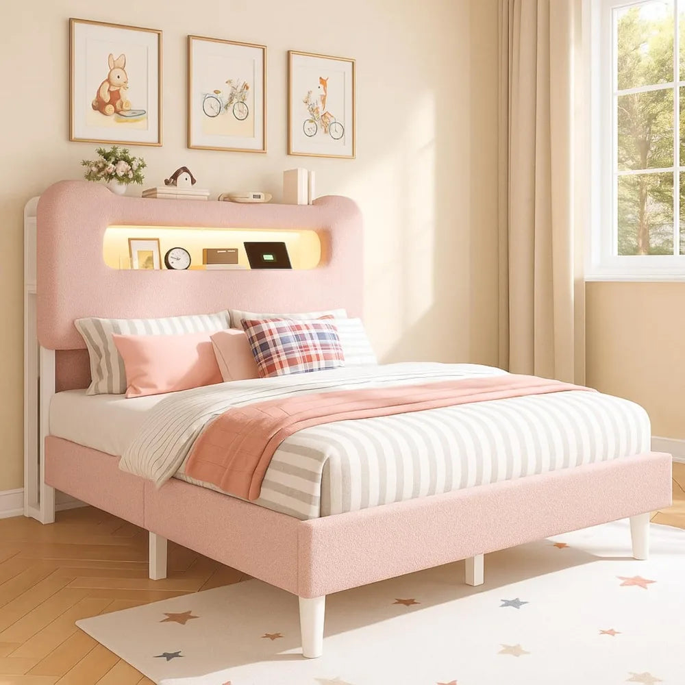 Full Size Boucle Upholstered Bed Frame with Storage Headboard, LED Lighting and USB Ports, No Box Spring Required, Pink