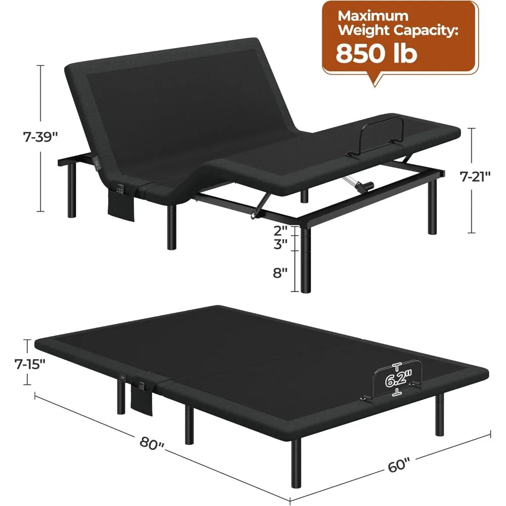 Queen Size Adjustable Bed with Wireless Remote, Massage, Nightlight, Height Adjustable Legs, and Incline Head and Foot Controls