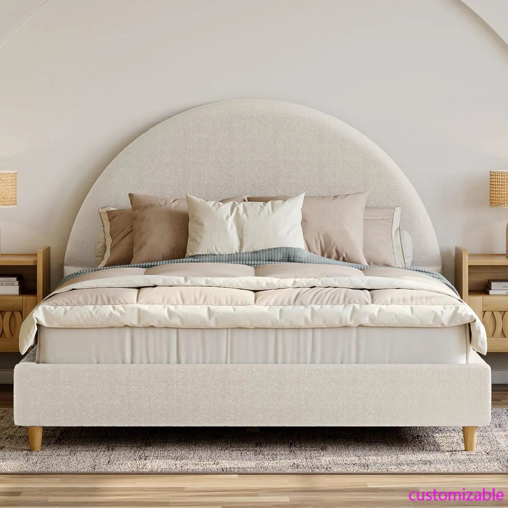 Cloud Bed Frame with Arch Shaped Headboard, Upholstered in Soft Fabric, Platform Bed Frame with Solid Wood Legs