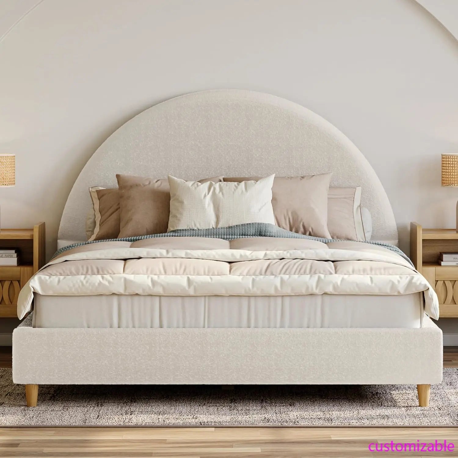 Cloud Bed Frame with Arch Shaped Headboard, Upholstered in Soft Fabric, Platform Bed Frame with Solid Wood Legs