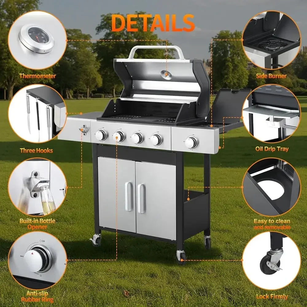 4-Burner 46,790 BTU Outdoor BBQ Grill with Infrared Side Burner, Porcelain Cast Iron Grates, and Stainless Steel Construction fo