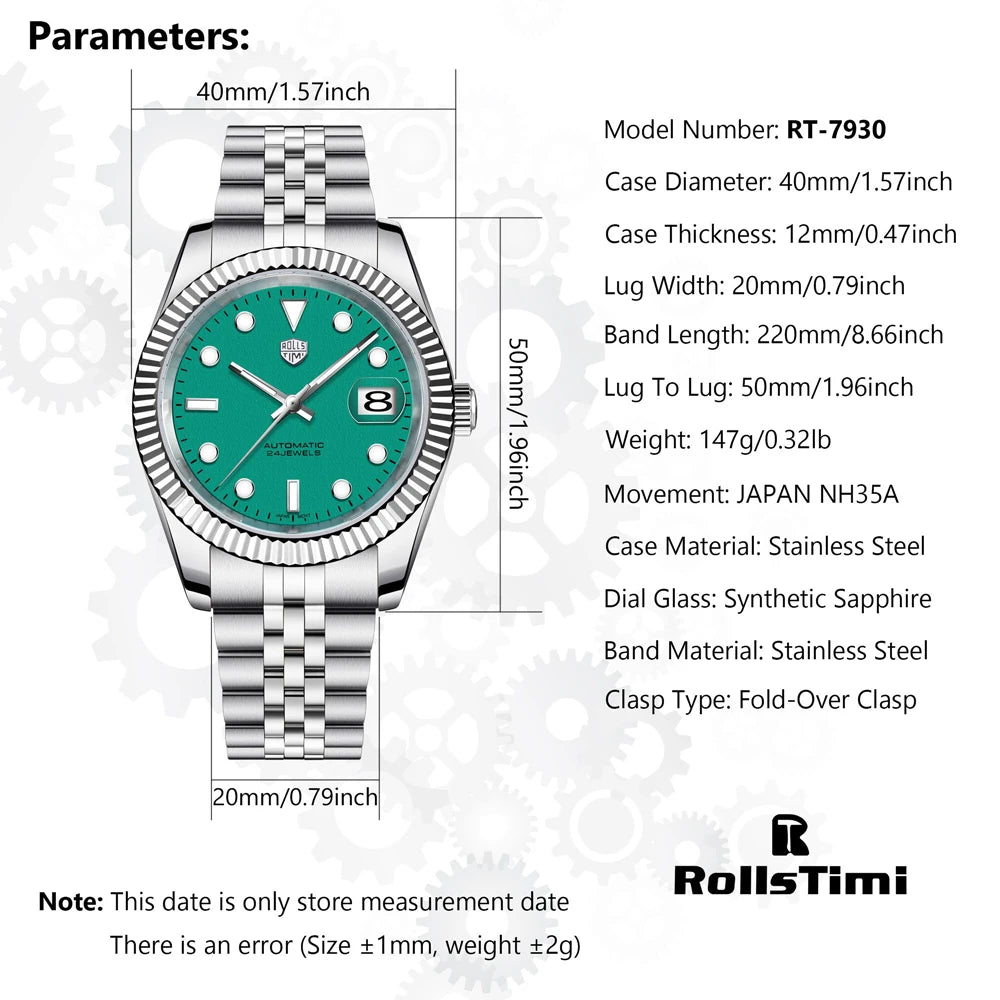 RollsTimi 2025 New Men's Watches Top Luxury Mechanical Automatic Watch For Men AR Sapphire Super Luminous Waterproof Clock Gift