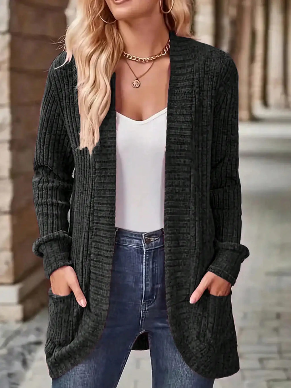 Women's Chunky Knit Long Sleeve Solid Color Double Pocket Regular Fit Casual Outerwear Fall Winter Cloth For Women