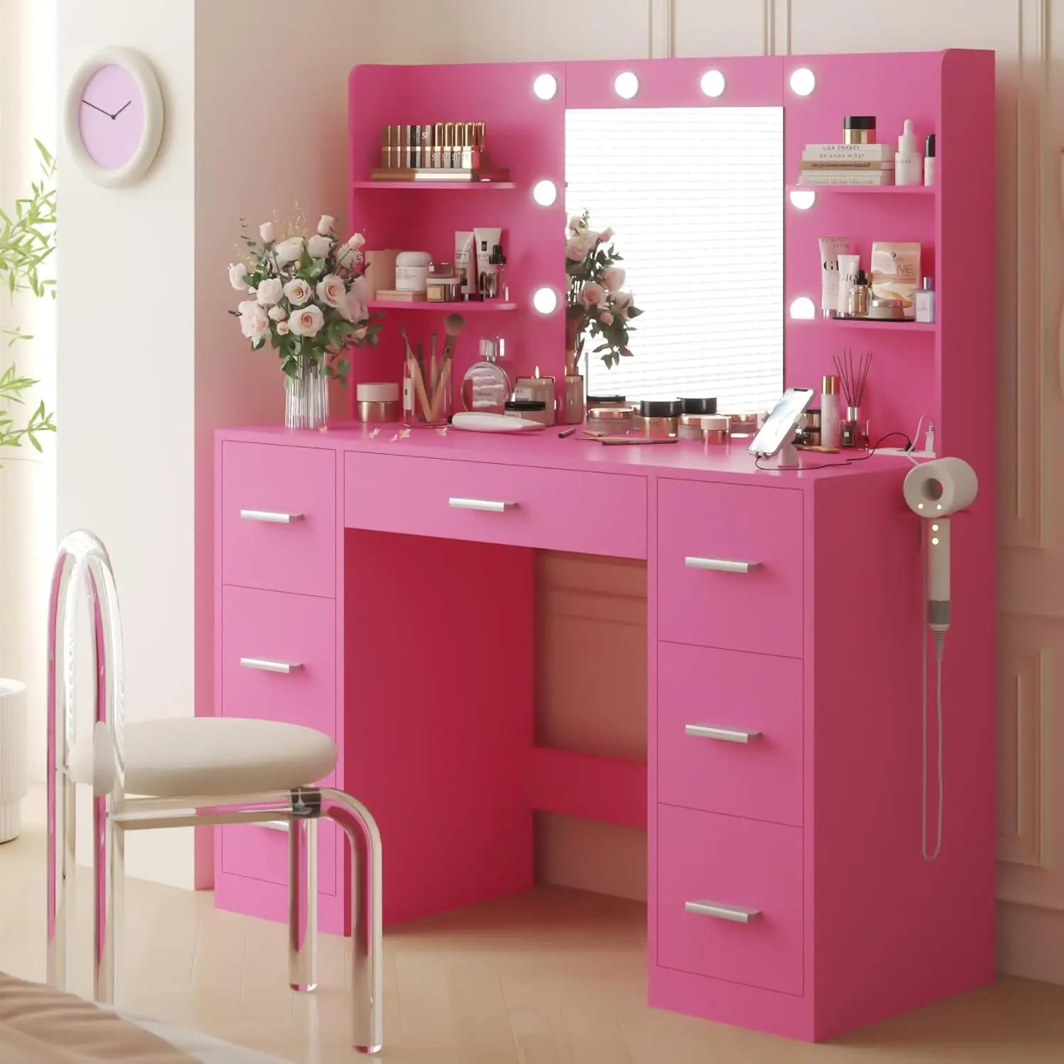 Vanity Desk with Mirror, Power Outlet and 10 Lights, Makeup Table with 7 Drawers, 3 Color Modes Available for Bedroom