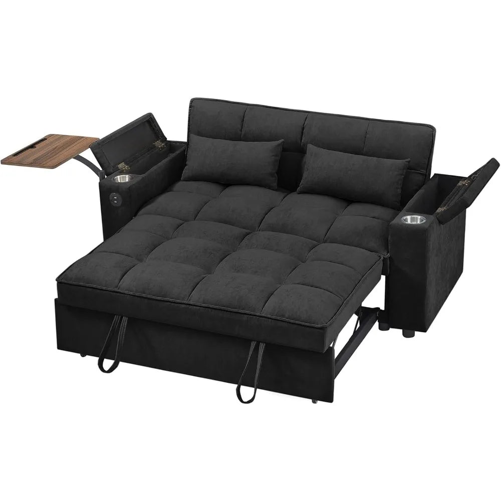 65'' 3-in-1 Folding Convertible Sofa Bed, Pullout Sofa, Modern Chenille Fabric, 360° Swivel Side Table, Easy Assembly,