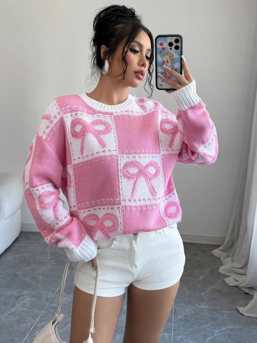 Pink & White Checkered 3D Bow Knit Pullover Sweater, Round Neck, Fall Winter Casual Style