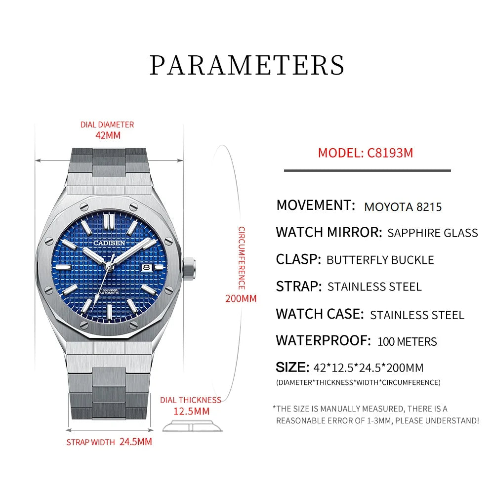 CADISEN Automatic Mens Watches Fashion Top Brand Stainless Steel Sapphire Glass Japan TMI NH35A Watch Men Mechanical Wristwatch