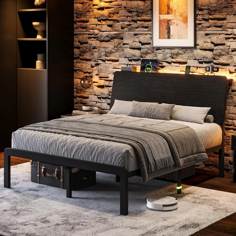 Queen Bed Frame with Ergonomic Storage Headboard,LED Bed Frame with Charging Station, 12" UnderBed Storage,Heavy-Duty,Customized