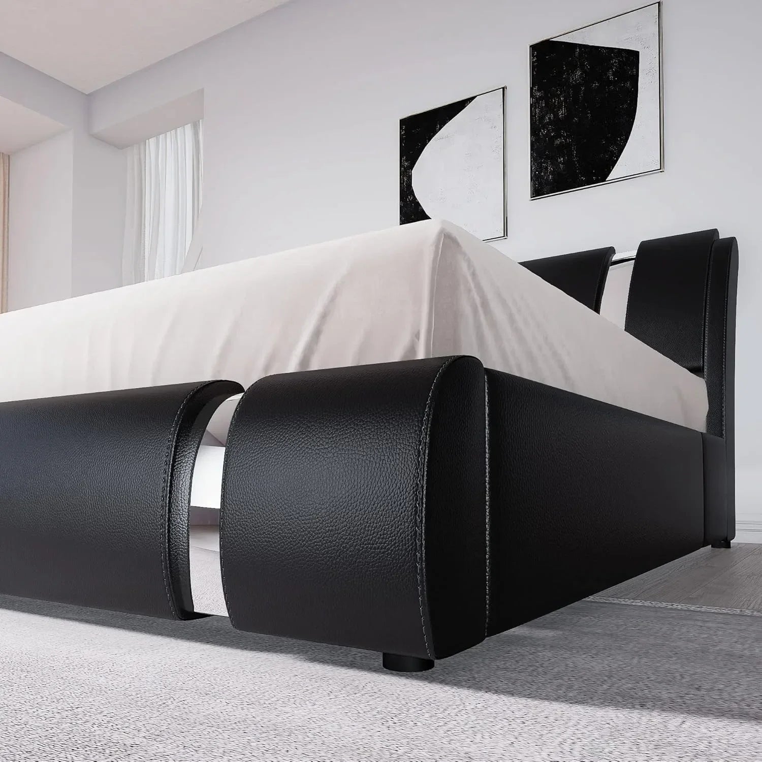 Queen size bed frame with iron sheet decoration, artificial leather cushioned platform bed with adjustable headboard, black