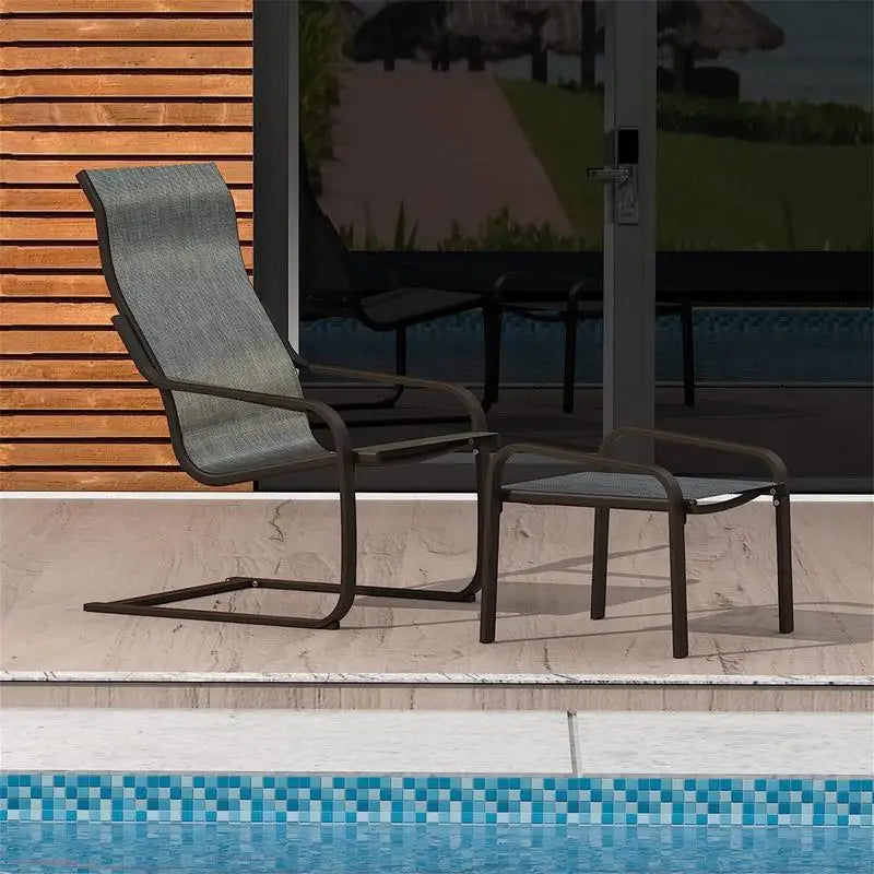 Outdoor Bistro Set of 2, C Spring Motion Chair & Ottoman, All-Weather Armchair, Quick Dry Textile for Patio, Porch, Deck,