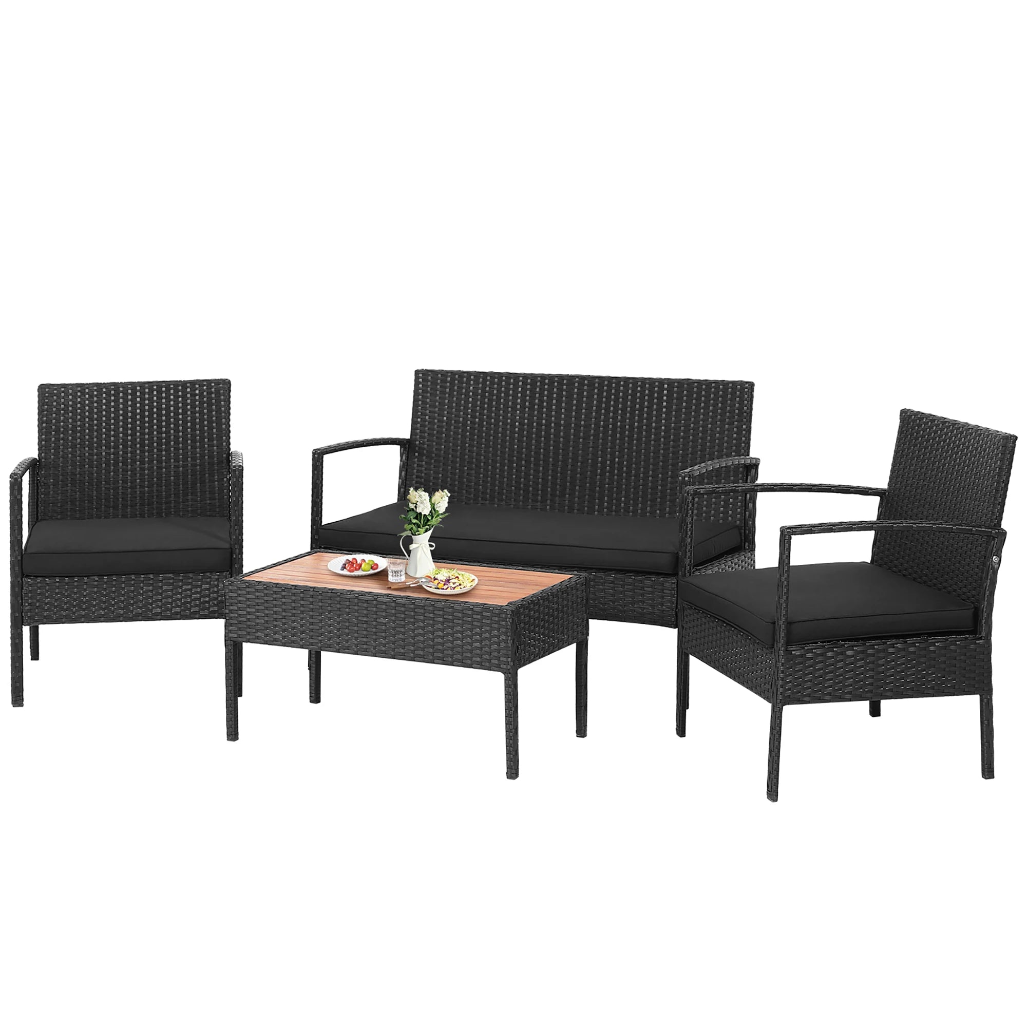 4PCS Patio Rattan Furniture Set Cushioned Chair Wooden Tabletop Black