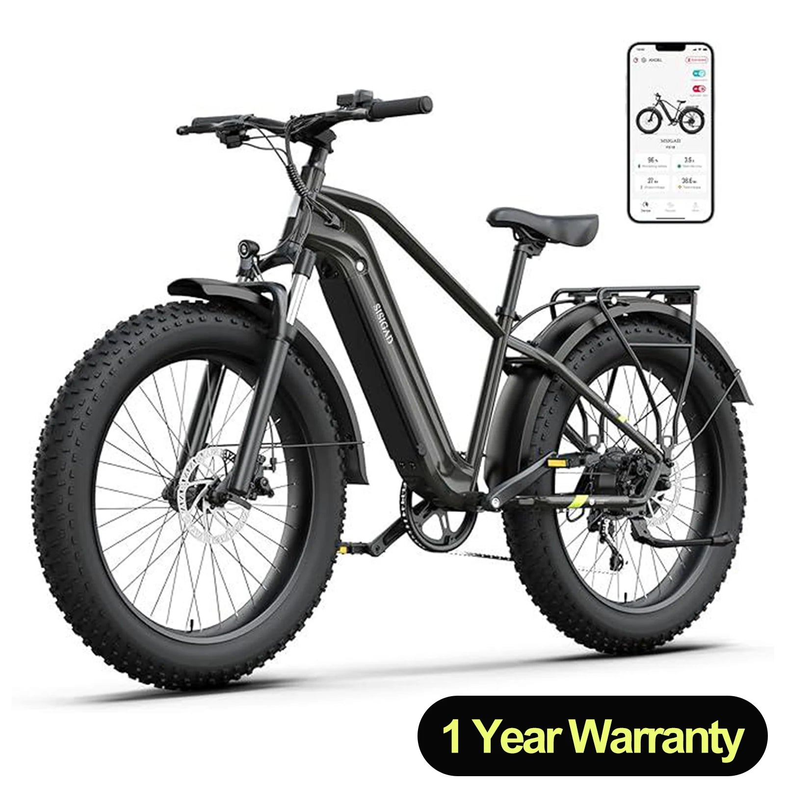 SISIGAD F618 Electric Bike 1500W, 32MPH, 50-mile range, 48V 15Ah battery, 26" fat tires, 7Speed Shock Absorber.