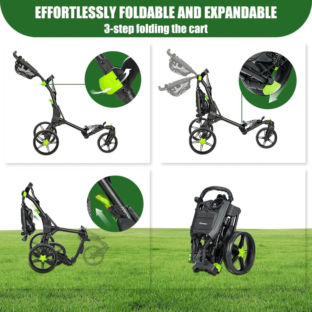 XDriveMax Golf Push Cart 3-Wheel With Umbrella Stand, Swivel Front Wheel Designed For Golf Clubs And Bags Enhanced Storage