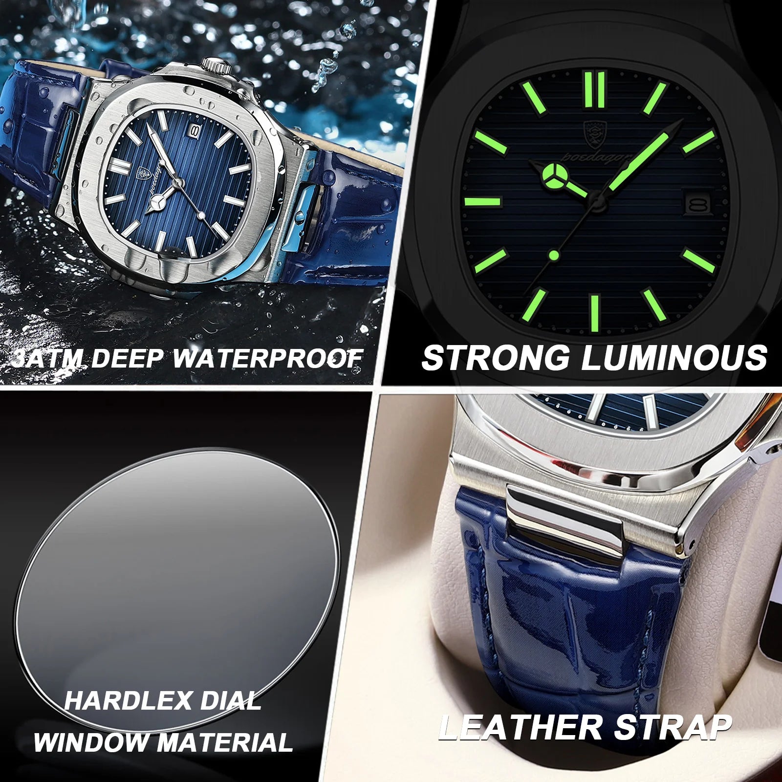POEDAGAR Luxury Square Watch For Men Date Waterproof Luminous Quartz Business Man Wristwatch Leather Fashion Brand Men's Watches