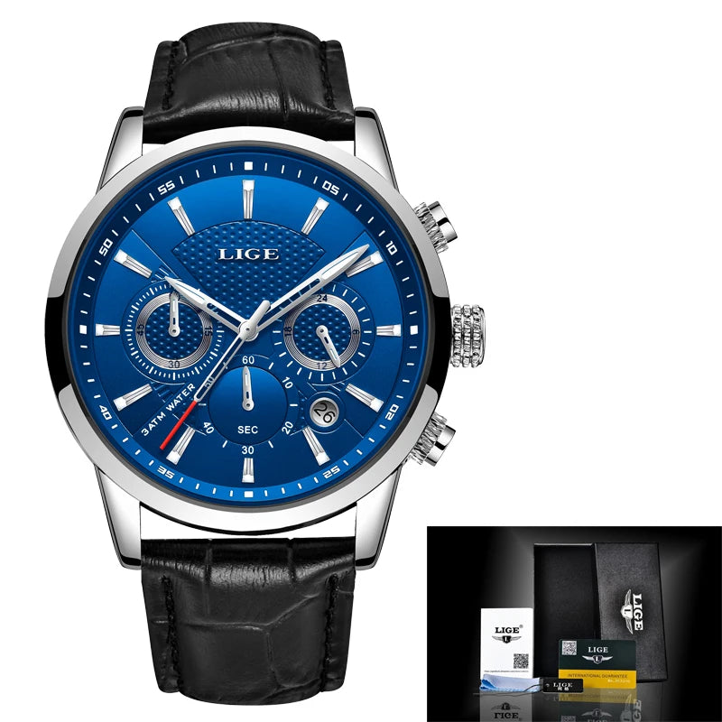 LIGE Watch Men Fashion Leather Sports Watches Men's Army Military Quartz Wristwatch Chronograph Male Clock Relogio Masculino