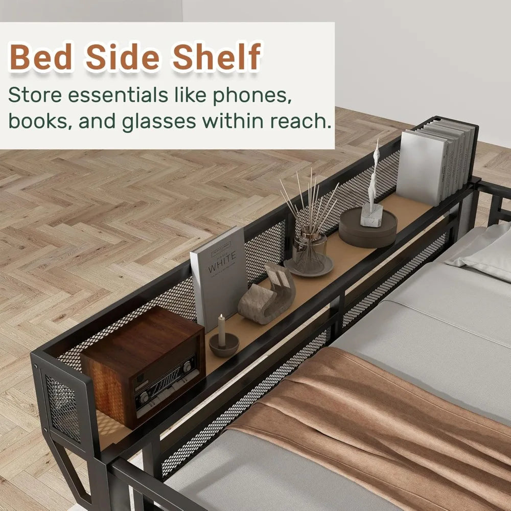 Queen Size Loft Bed with Stairs and Storage, Metal Loft Bed Frame with Bedside Shelf and Large Under-Bed Space, Heavy-Duty Beds