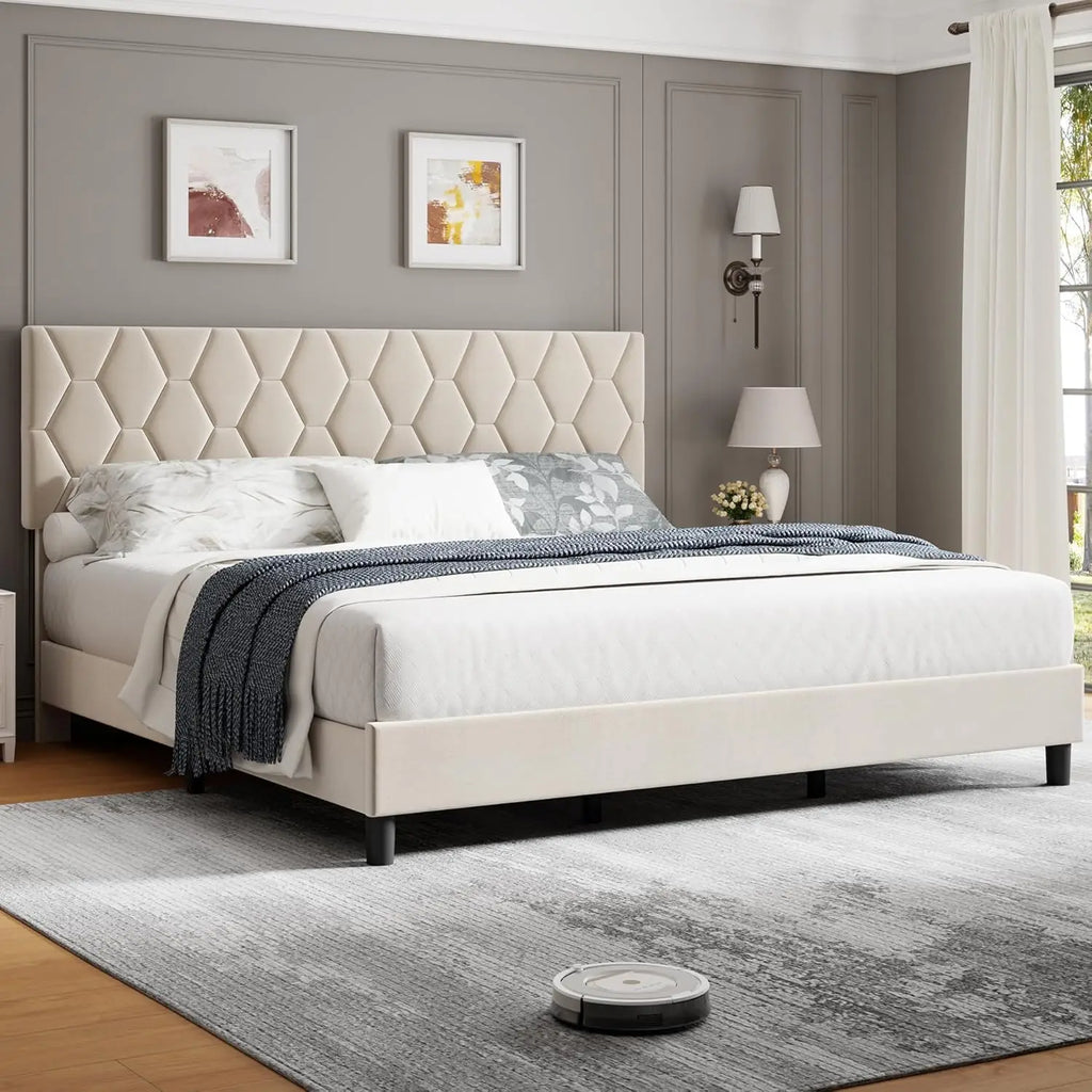 Beige King Bed Frame with Upholstered Headboard, Heavy-Duty Platform Bed Frame with Strong Wood Slats, No Box Spring Needed