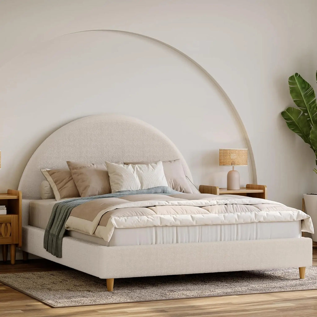 Cloud Bed Frame with Arch Shaped Headboard, Upholstered in Soft Fabric, Platform Bed Frame with Solid Wood Legs