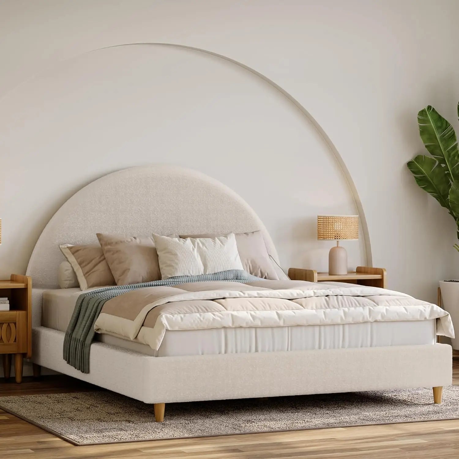 Cloud Bed Frame with Arch Shaped Headboard, Upholstered in Soft Fabric, Platform Bed Frame with Solid Wood Legs