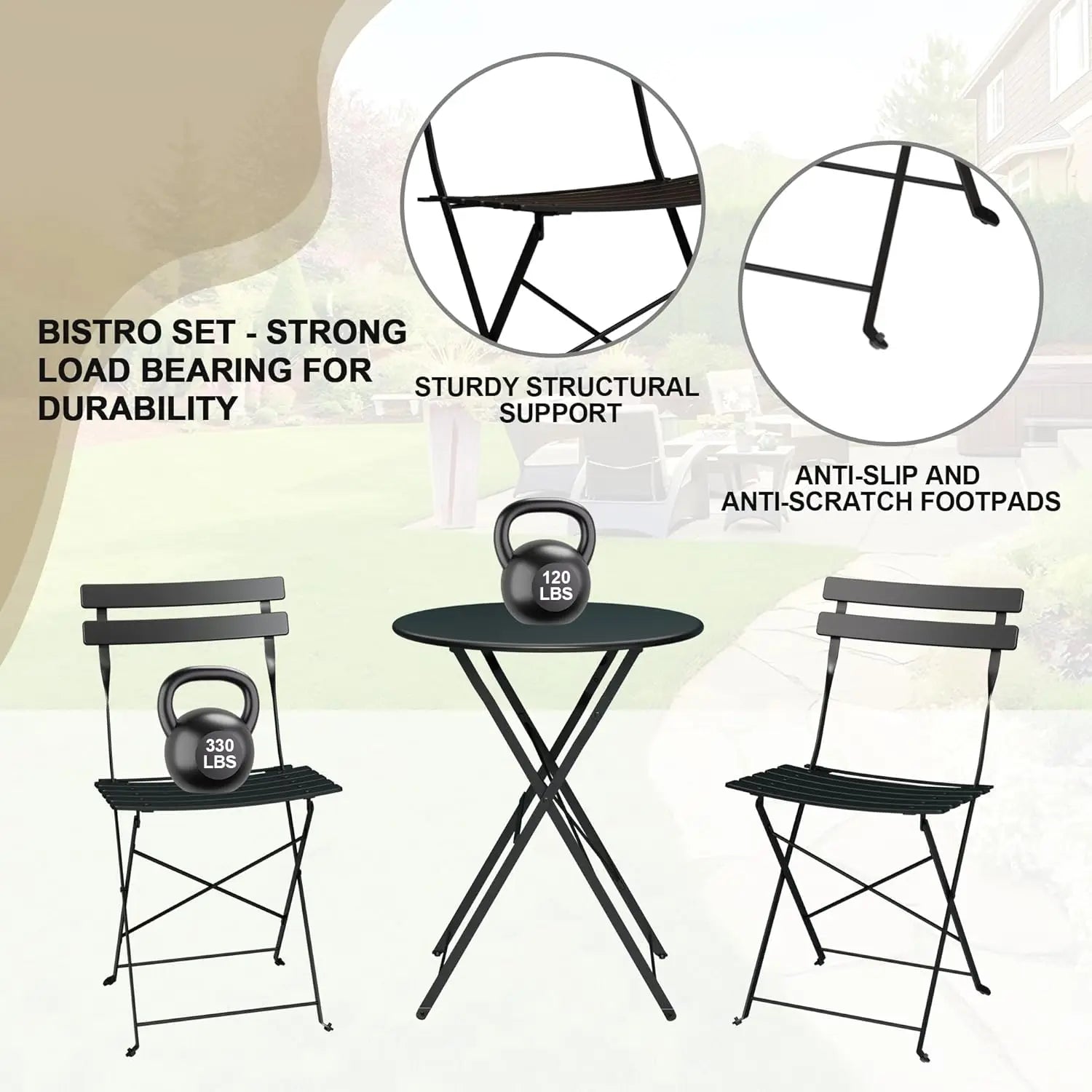 2-Piece Folding Bistro Table and Chairs Set, Indoor/Outdoor Patio Furniture in Black