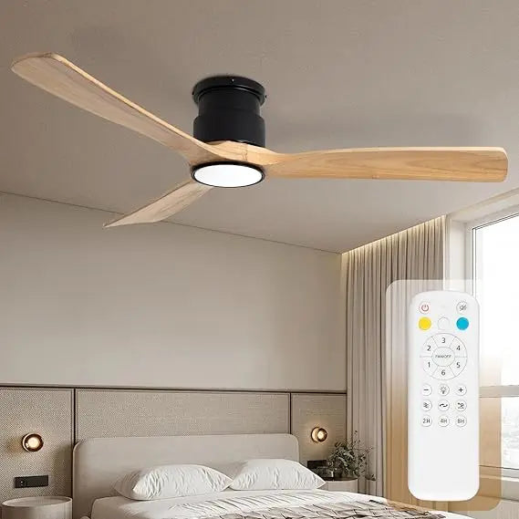 52inches Ceiling Fan with Lights,Wooden Flush Mount Ceiling Fans with Remote Control,Dimmable Light,3 CCT,6 Speeds,Noiseless,Cei