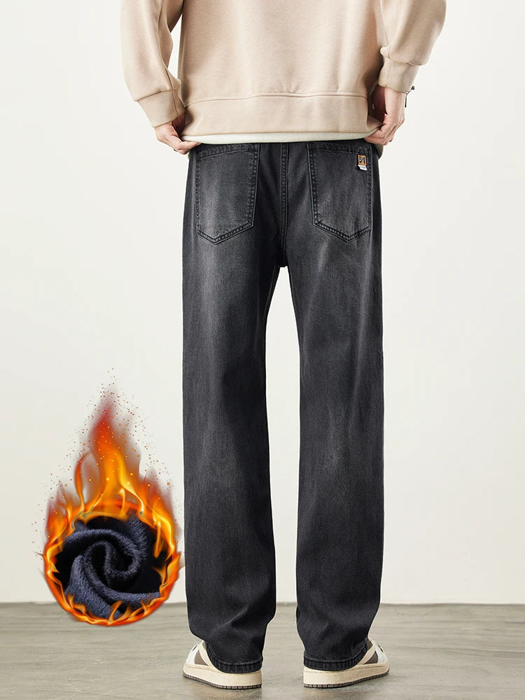 Fleece Men's Straight Jeans Winter Baggy Thick Warm Fashion Korea Plush Wide Denim Pants Casual Male Thermal Trousers