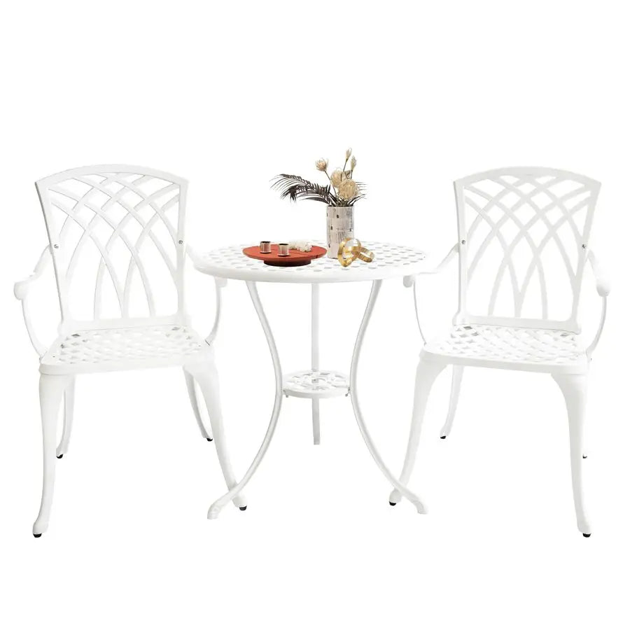 Bistro Table and Chairs Set of 2, Cast Aluminum White Bistro Set Outdoor, Patio Bistro Sets with Umbrella Hole, Round Back Yard