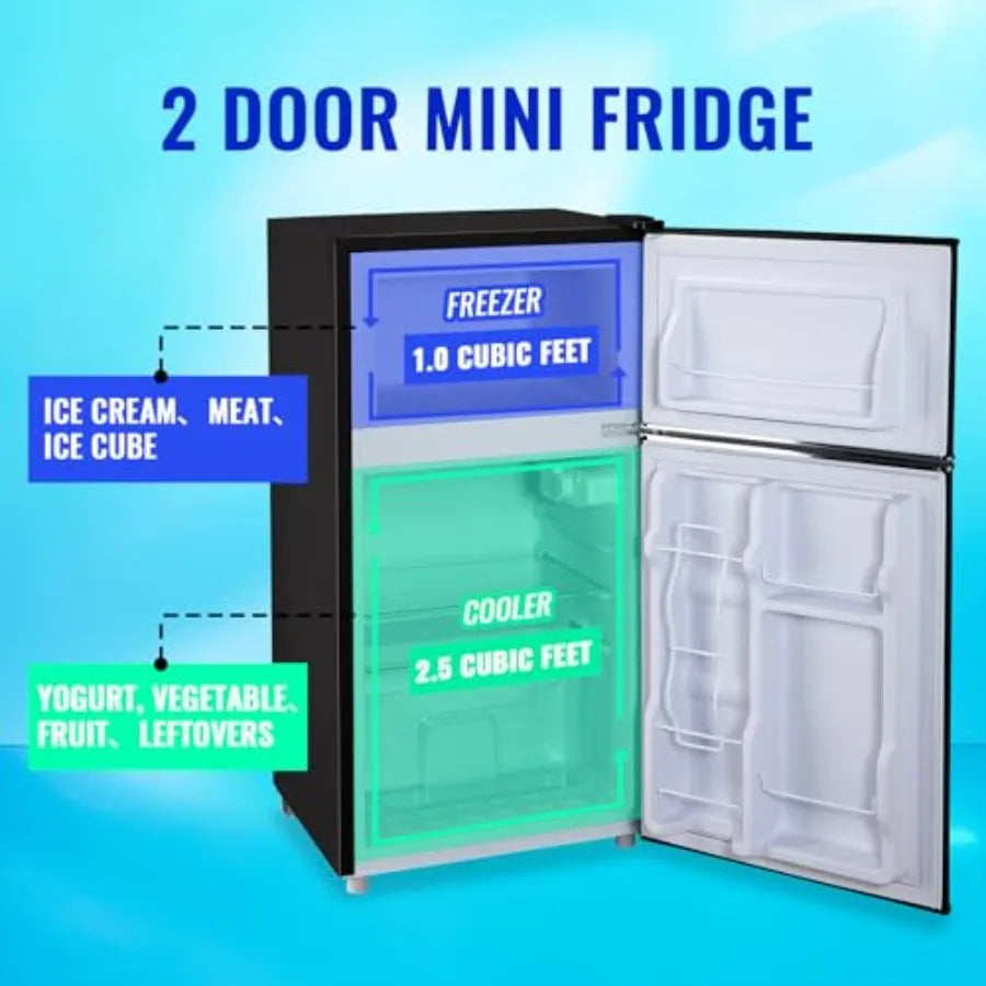 Compact Mini Refrigerator with Freezer and Double Door Design for Bedroom Office or Apartment: Adjustable Glass Shelves Plastic