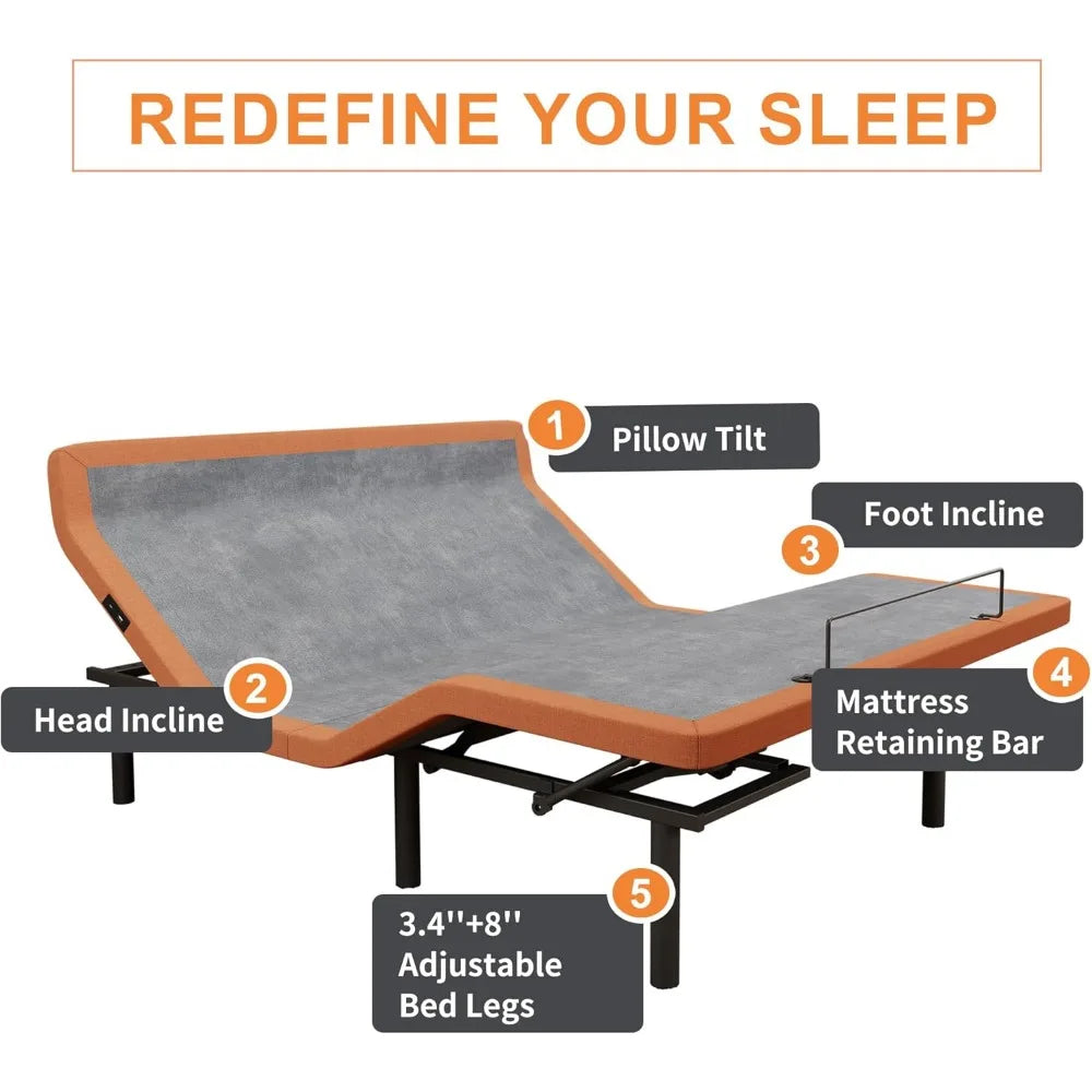 Adjustable Bed Frame - Bed Base with Massage, Pillow-tilt, Ergonomic Incline, Zero Gravity, Dual USB Port,Customized