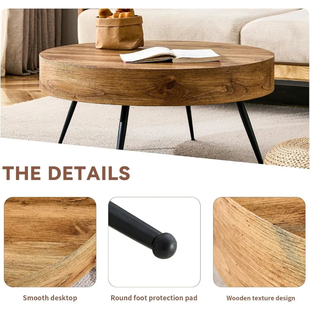 Coffee Table for Living Room, Round Wood Coffee Tables with Storage, Modern Metal Accent Center Tea Table for Apartment S