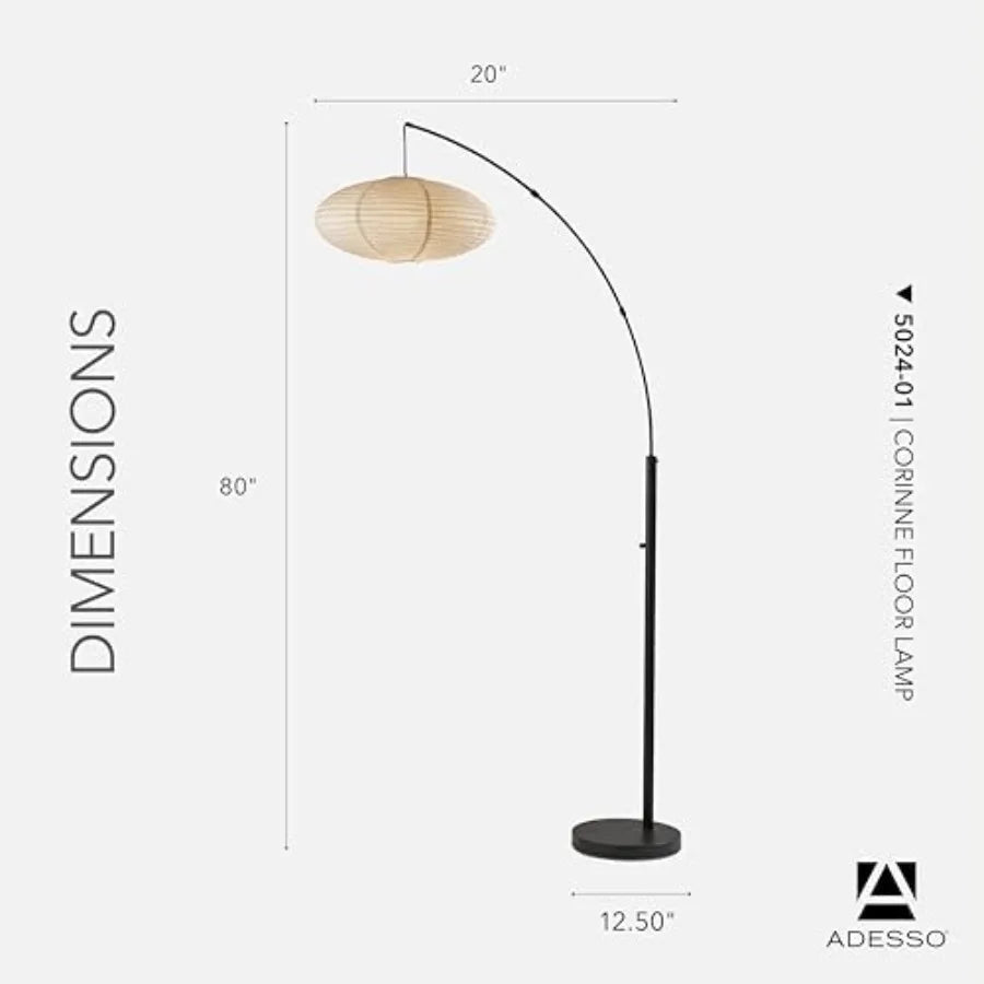 Arc Floor Lamp 80 Tall Black Base Oval Off-White Paper Shade Convenient Overhead Lighting for Living Room Nursery Bedroom or Of