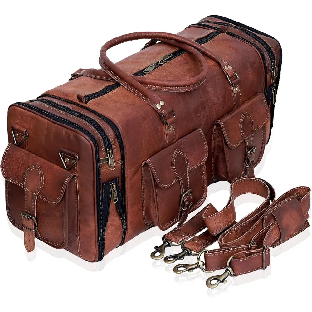 Vintage 24 Inch Genuine Leather Duffle Bag - Handmade Men's Travel Case, Medium Overnight Carry-On Luggage for Weekend Trips