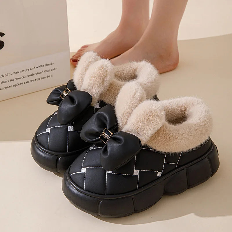 Thick soled bag with cotton slippers, women's winter new fashion bow with plush warm and waterproof snow boots for good 2026