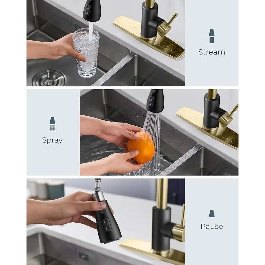 Kitchen Faucets with Soap Dispenser and Pull Down Sprayer Bar High Arc Single Handle Classic 3 Modes Stainless Steel Faucet for