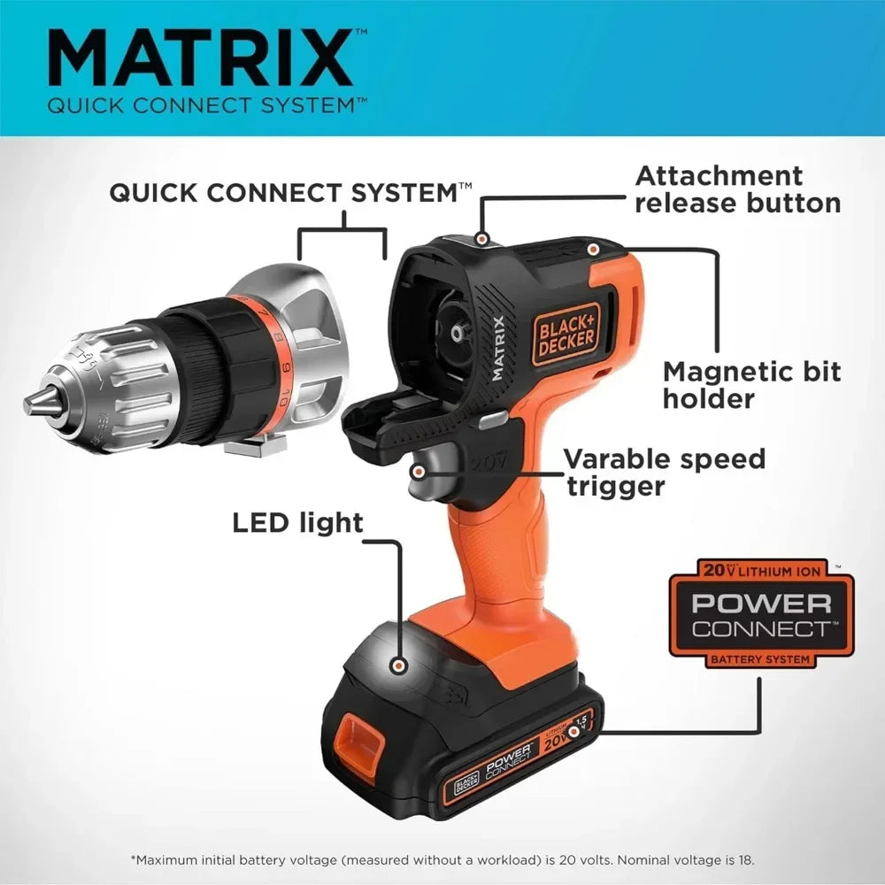 MATRIX 20V MAX Power Tool Kit, Includes Cordless Drill, 12 Attachments and Storage Case (BDCDMT1212KITC1)