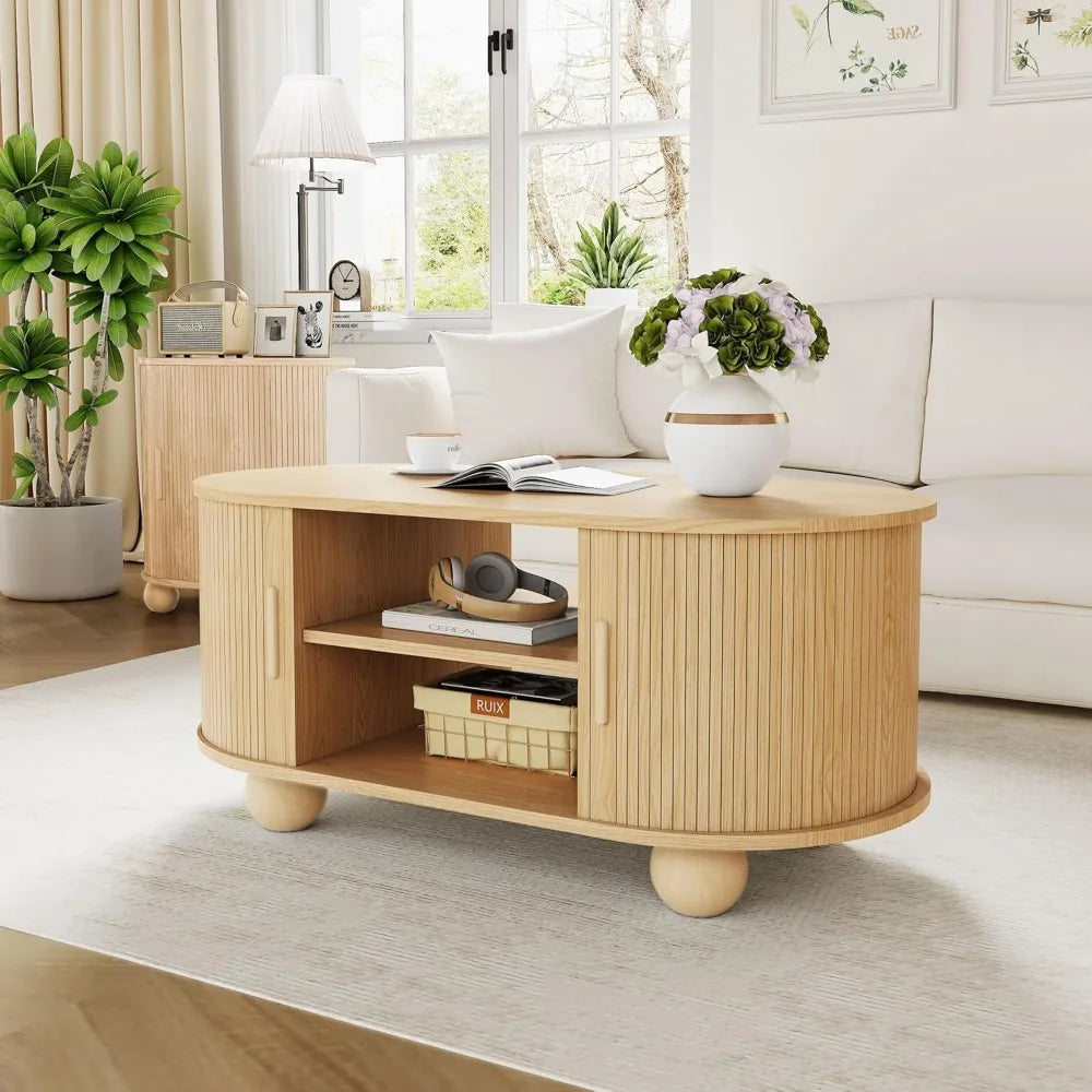 Mid-Century Modern Coffee Table with Fluted Design and Storage for Living Room