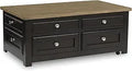 Casual Lift-Top Coffee Table with 4 Drawers and Casters, Dark & Light Brown Wood Finish