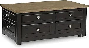 Casual Lift-Top Coffee Table with 4 Drawers and Casters, Dark & Light Brown Wood Finish