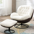 Luxury Swivel Faux Fur Accent Chair with Ottoman, Plush Tufted Lounge Chair on Metal Base for Home Reading, White
