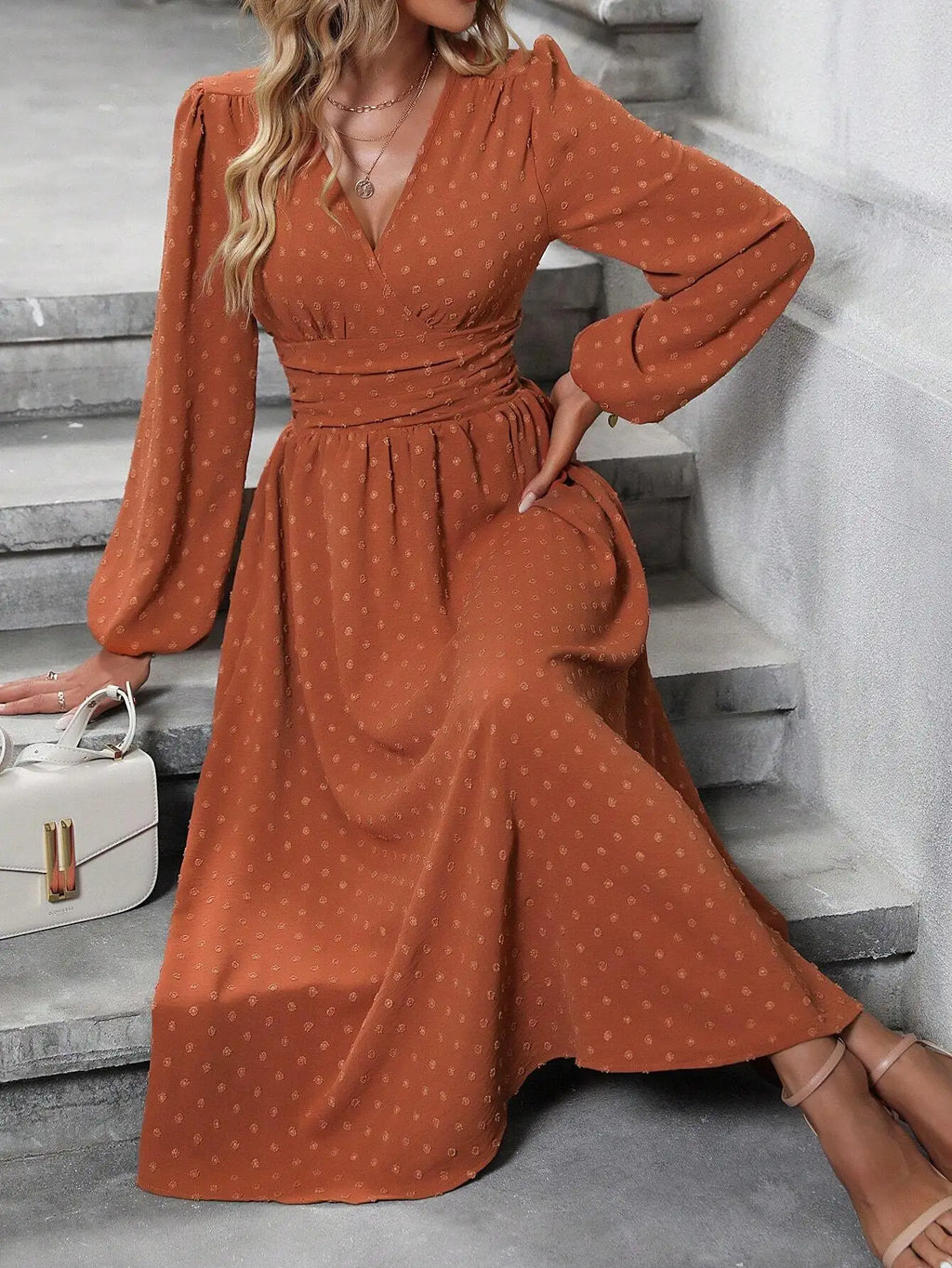 Rustic Orange Swiss Dot Surplice Neck Lantern Sleeve Ruched Waist Asymmetrical Midi Dress for Women